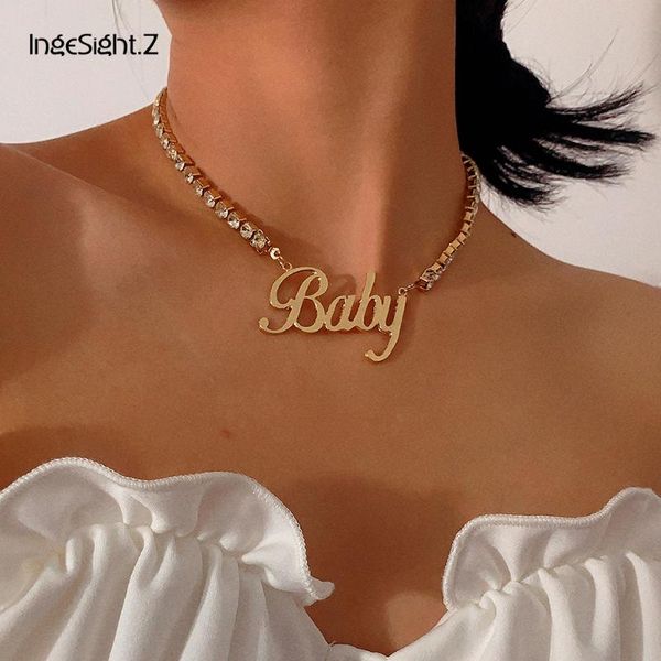 

chains ingesight.z luxury shiny rhinestone crystal choker necklace collar punk initial letter baby pendant necklaces for women jewelry, Silver
