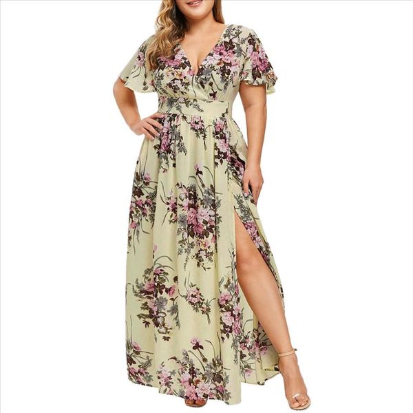 

dress women large size short sleeved print waist loose ankle length dignified noble popular long dress summer drop shipping, Black;gray