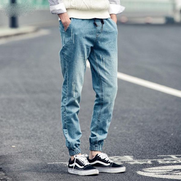 

2021 men's casual loose autumn harlan denim cotton hip hop loose work trousers jeans male elastic waist jeans pants, Blue