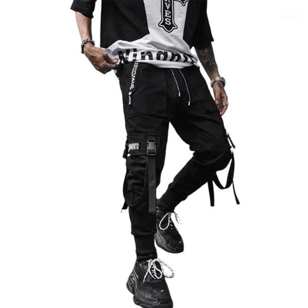 

missky men pants black color cargo harem pants ribbons multi pockets small feet loose casual sports trousers male1