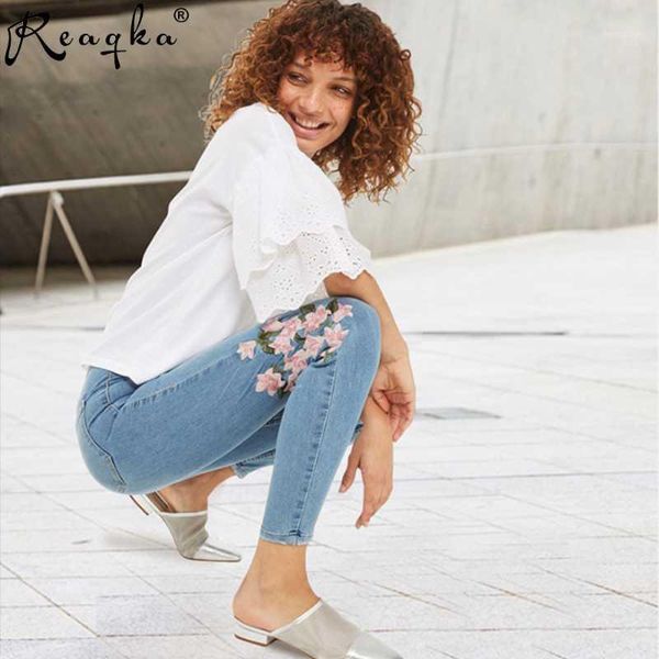 

reaqka 2020 new women's light blue casual fashion embroidered slim jeans with high waist, thin hips and small feet pencil pants1