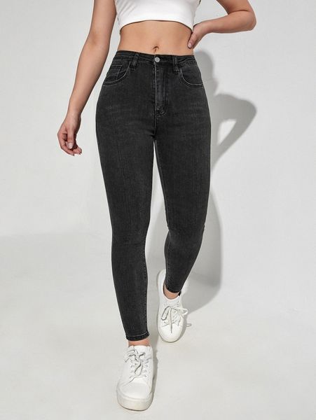 

slant pockets washed skinny jeans b53l#, Blue