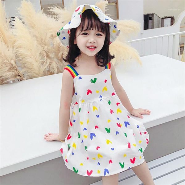 

children's dresses cute rainbow love printed baby girl summer beach suspender dress with hat size 80-1301, Red;yellow