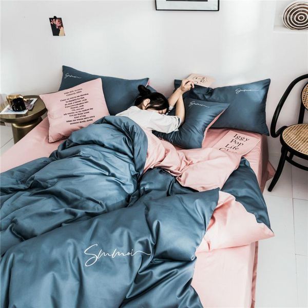 

bedding sets high-end embroidered silky 60-piece cotton satin long-staple solid color bed four-piece comfortable bedding1