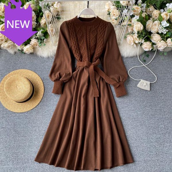 

o neck puff sleeve dresses autumn streetwear a-line dress 2021 elegant solid women dress fashion korean splice knitted, Black;gray