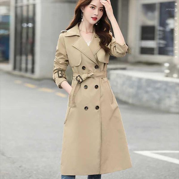 

spring autumn windbreaker women's mid-length double-breasted korean version of the british style loose jacket wild windbreaker1, Tan;black