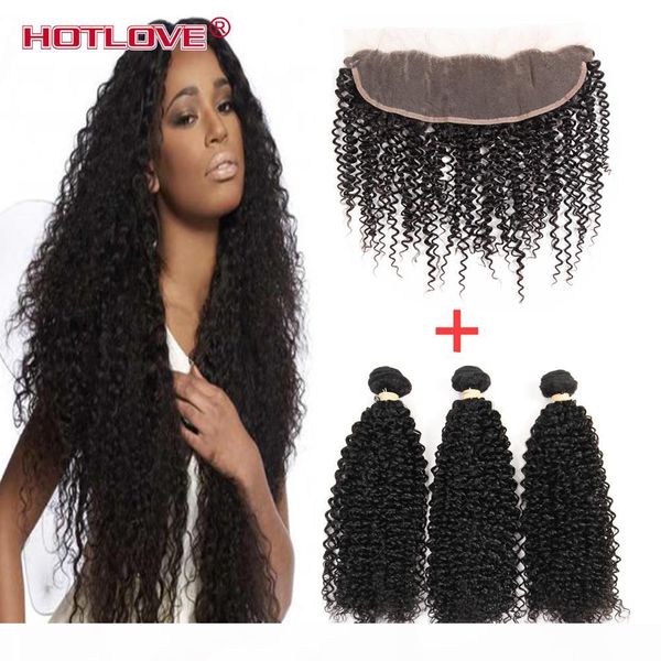 

lace frontal closure with bundle brazilian virgin hair kinky curly weaves with frontal closure 3 pieces hair with frontal closure ear to ear, Black;brown