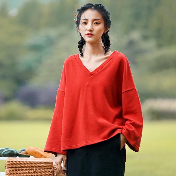 

johnature women casual pullover sweatshirts v-neck flare sleeve solid color 2020 autumn new loose sweet mori girl sweatshirts, Black