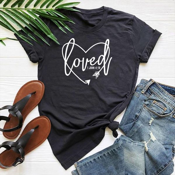 

loved 1 john 4:19 t shirts femme summer vintage faith bible verse tee shirt men women religious christian scripture tshirt, White