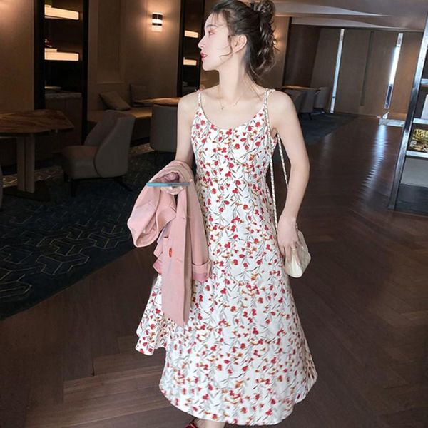 

bohemian style sling dresses for women 2020 summer new beach holiday floral print dress fashion slim o-neck dress, Black;gray