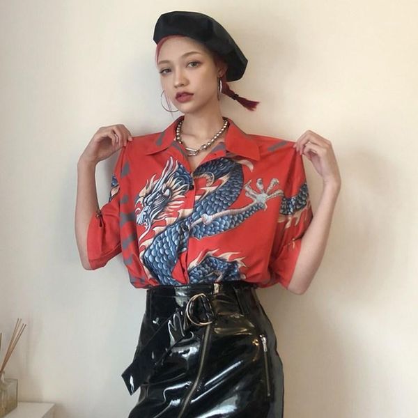 

harajuku women shirt japanese short sleeve dragon print shirts turn-down collar casual blouse1, White
