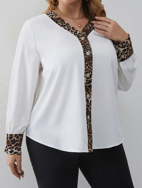 

plus leopard trim button front blouse 011f#, Black