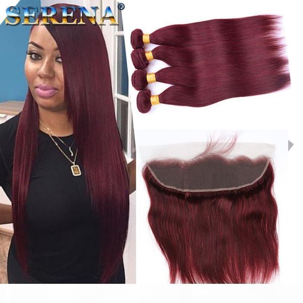 

burgundy wine red color 99j brazilian virgin hair weave bundle malaysian silky straight remy human hair extensions bundles with 13x4 frontal, Black;brown