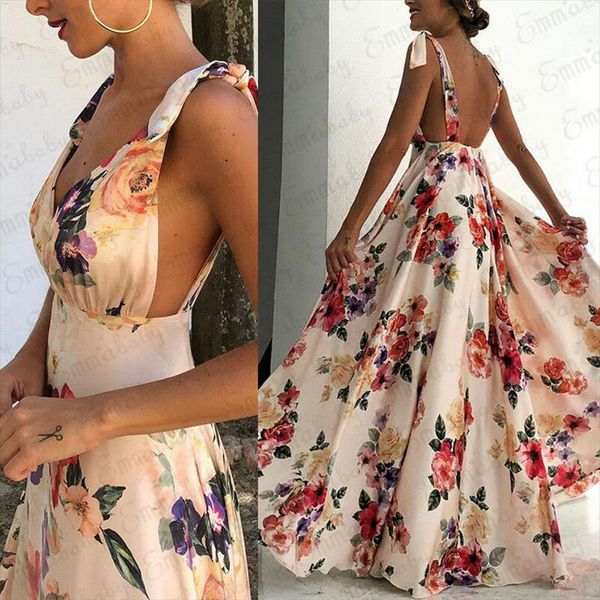 

women boho summer floral sleeveless v neck backless vintage long maxi dress ladies party evening summer beach sundress, Black;gray
