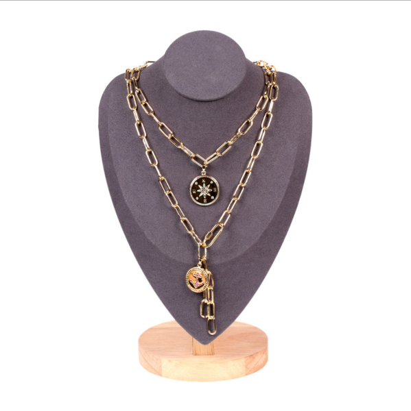 

chains screw buckle thick lock chain stacking necklace ins wind compass pendant double hip hop, Silver