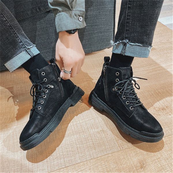 

men's winter boots plus velvet british style tooling short black male korean style trendy black all match handsome