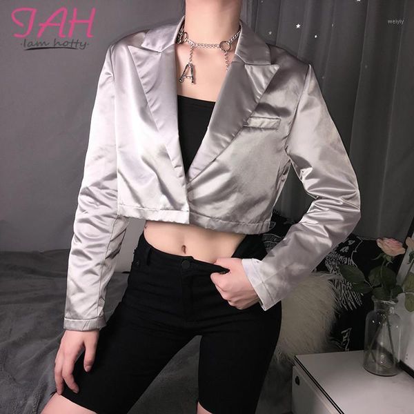 

iamy women blazers female 2020 long sleevennotched stain solid office lady blazer feminino short single breastedfemmeclothes1, White;black