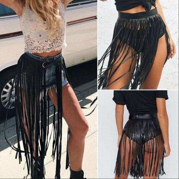 

long belt fringe pu leather tassel waist skirt women fashion black belts skirts drop shipping