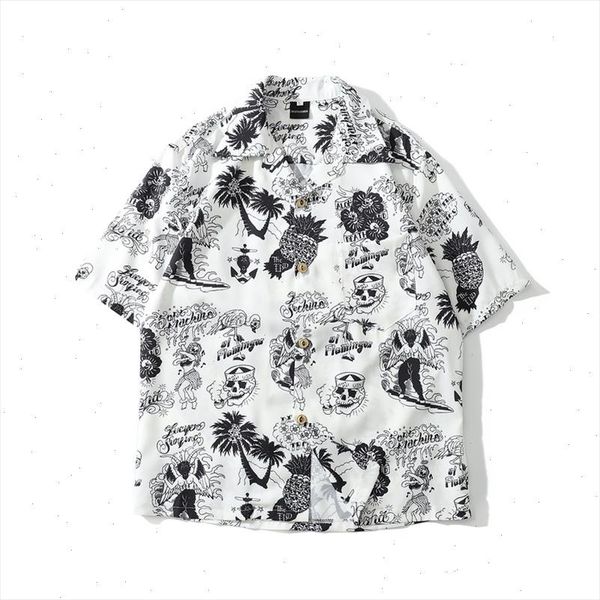 

skull print hawaiian shirt men summer hip hop streetwear harajuku tees shirts casual short sleeve beach for men, White;black