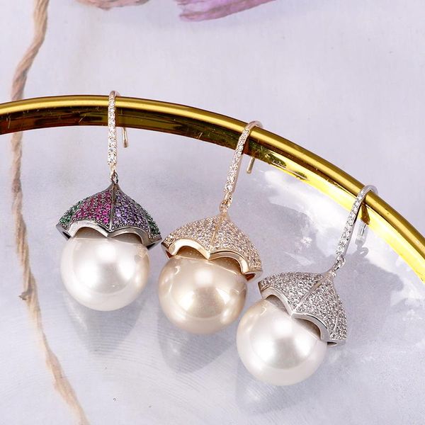 

dangle & chandelier xiumeiyizu shell pearl drop earring elegant lotus leaf design paved cubic zirconia fashion jewelri women wedding banquet, Silver