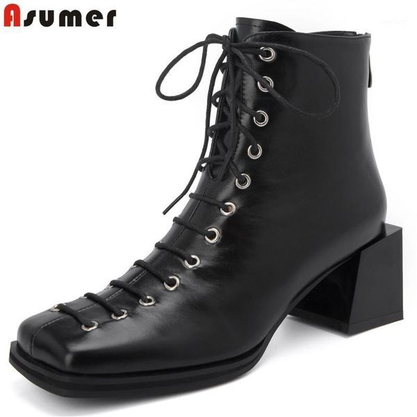 

asumer 2020 genuine leather shoes women ankle boots square toe cross tied autumn winter boots fashion shoes woman1, Black