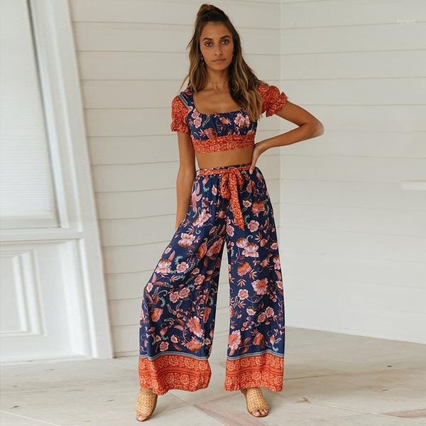 

summer casual ethnic style women's two piece set beach floral print short sleeve crop + high waist wide legs pants suit1, White