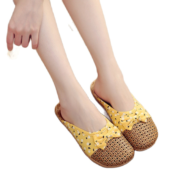 

summer home slippers for women linen weaving floral flowers casual slides flip flops ladies flat sandals flax slip on, Black
