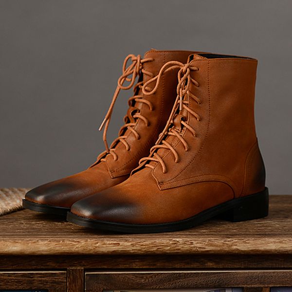 

2020 genuine female fashion short lace up ladies ankle boots handcrafted soft leather autumn shoes woman m6ga, Black