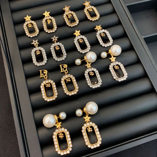 

luxury jewelry pearl diamond tag earrings classic letter logo designer earrings 925 silver needle for party, Golden;silver