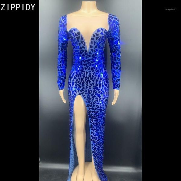 

bling blue mirrors mesh long dress birthday celebrate outfit prom party dress evening female singer show dresses youdu1, Black;red