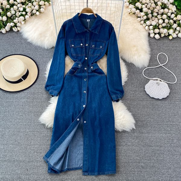 

spring autumn fashion breasted long sleeve girdle waist slim dresses women lapel single breasted denim dress 2022, Black;gray
