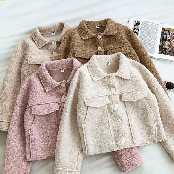 

heliar winter clothes women 2020 korean turn-down collar jacket cropped lamb wool coat with pocket loose veste female outwear1, Black;brown