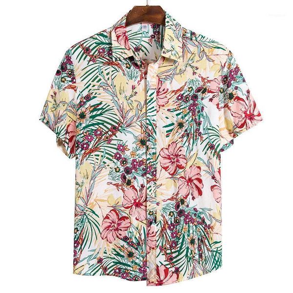 

plus size summer men short sleeve hawaiian shirts cotton casual floral shirts wave regular men beach camisa1, White;black