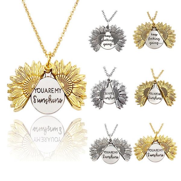 

chains stainless steel sunflower necklace you are my sunshine openable double-sided pendant, Silver
