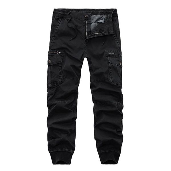 

cargo pants men joggers multi pocket solid cotton pants spacious sport camouflage soft hip hop ribbon male army trousers p0123, Black