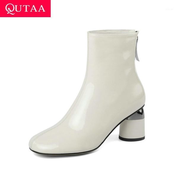 

boots qutaa 2021 square heel ankle autumn winter quality cow patent leather women shoes toe zipper ladies pumps size34-421, Black
