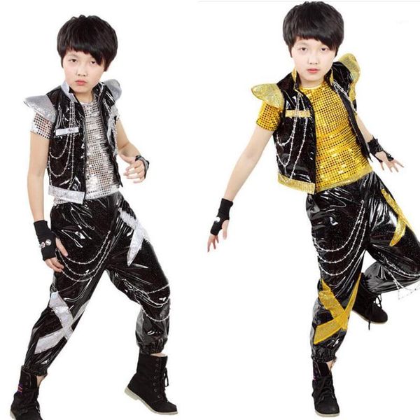 

3 pieces boys sequined ballroom jazz hip hop dance costumes kid performance dance clothes + shirt stage wear outfits1, Black;red