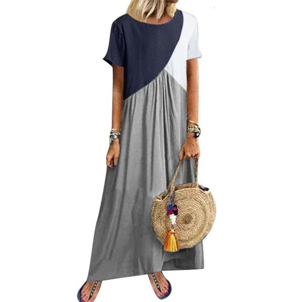 

round neck color blocking short sleeve round neck travel loose women maxi dress new chic vintage, Black;gray