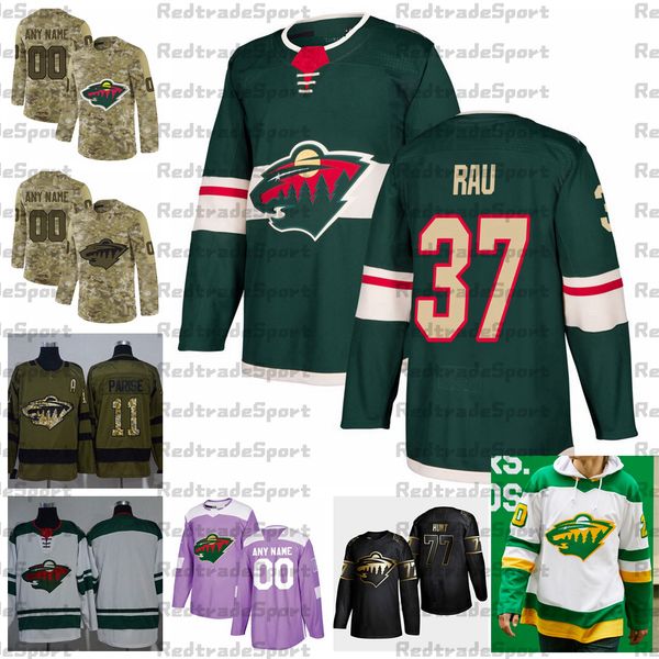 

2021 reverse retro customize #37 kyle rau minnesota wild hockey jerseys golden edition camo veterans day fights cancer custom shirts, Black;red