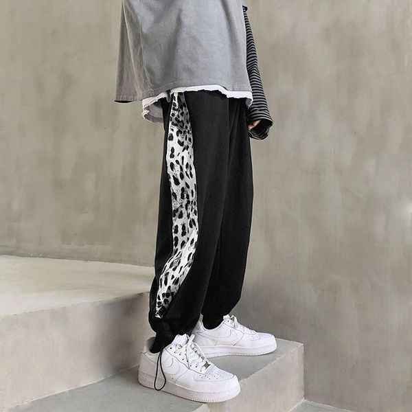 

leopard printed stitching sports pants mens all-match casual pants nine points loose sports trousers oversize four seasons, Black