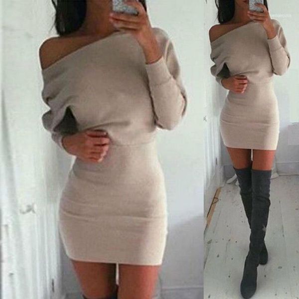 

women winter off shoulder long sleeve sheath package hip sweater slim bodycon slim fits midi dress11, Black;gray