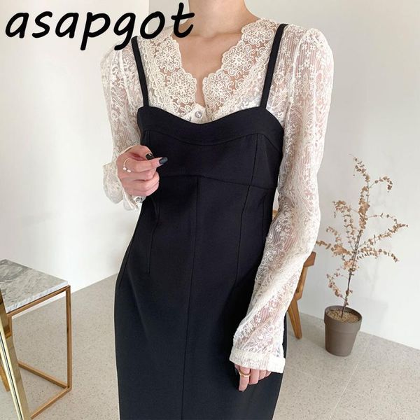

chic elegant v-neck lace crocheted blouse temperament slim black split spaghetti strap dress office lady fashion sets retro, Gray