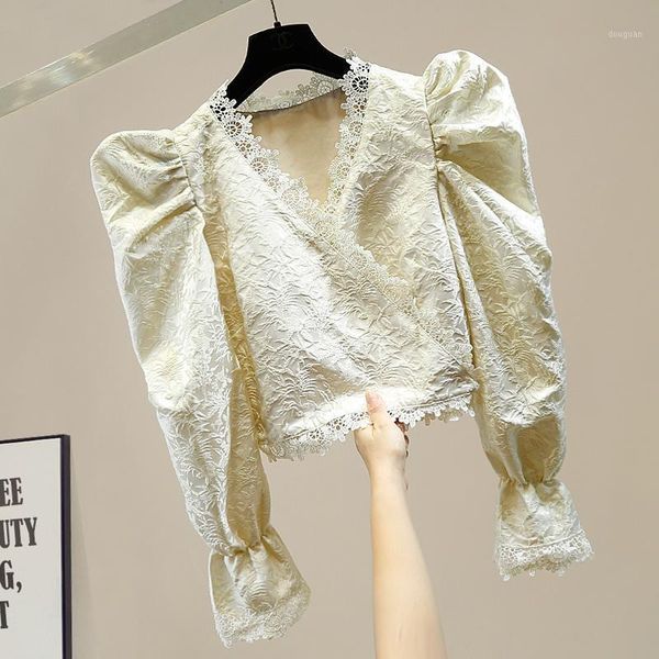 

v neck blouse woman retro puff sleeve lace jacquard elegant short blouses shirts ladies all-match crop blusa 2020 autumn1, White