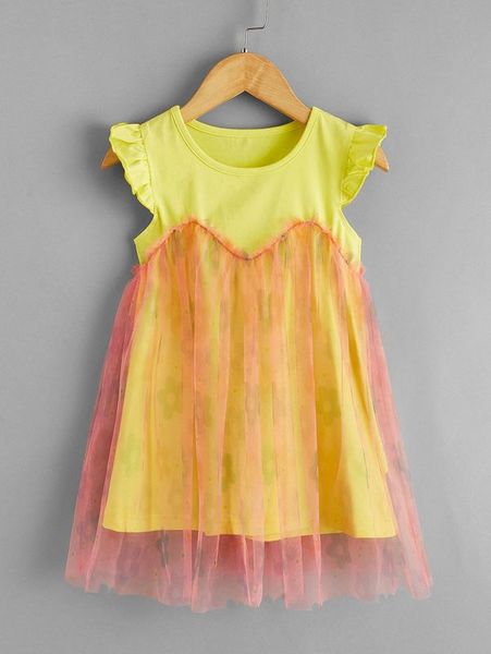 

toddler girls contrast mesh ruffle trim smock dress she, Red;yellow