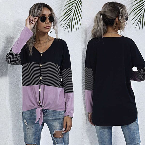 

wind contrast stripe casual cardigan t-shirt women's fall / winter 2020 new loose patchwork top, Black;brown