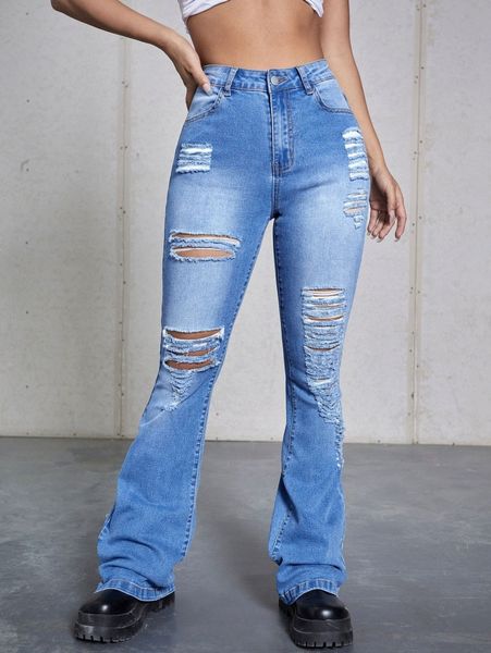 

high waisted ripped bootcut jeans m0ib#, Blue