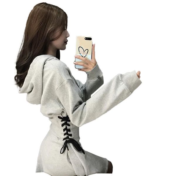 

2021 spring autumn hooded dresses women sides lacing up adjustable tie bow waist bandage dress drop shipping, Black;gray