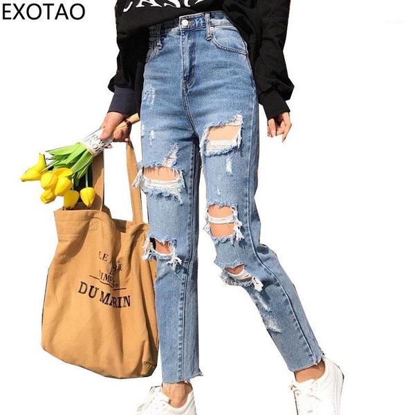 

exotao harajuku ripped jeans for women high waist denim pants with holes 2017 autumn pantalones femme ankle-length jeans1, Blue