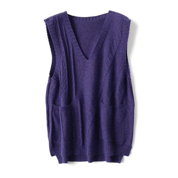 

2021 new women fashion oversized big pocket knitted vest sweater vintage sleeveless side vents female waistcoat chic meaf, White;black