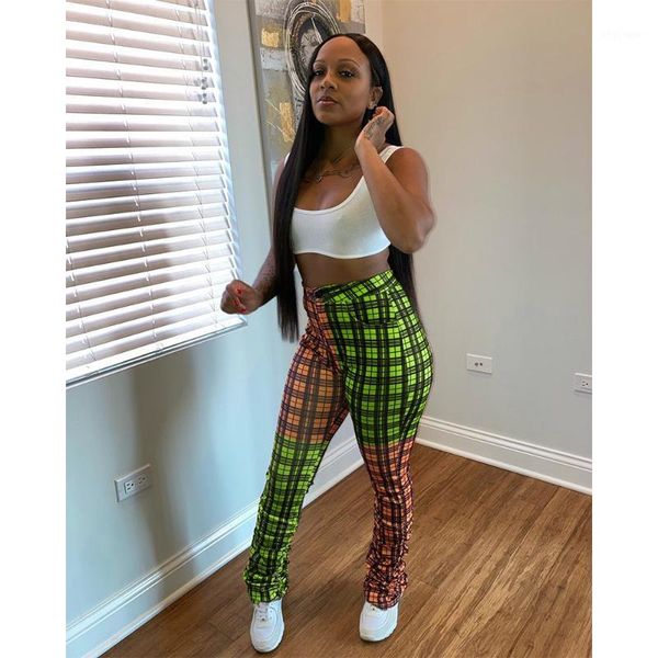 

2020 women spring fashion new street casual style little feet pants buttons high waist plaid pockets little feet pants1, Black;white